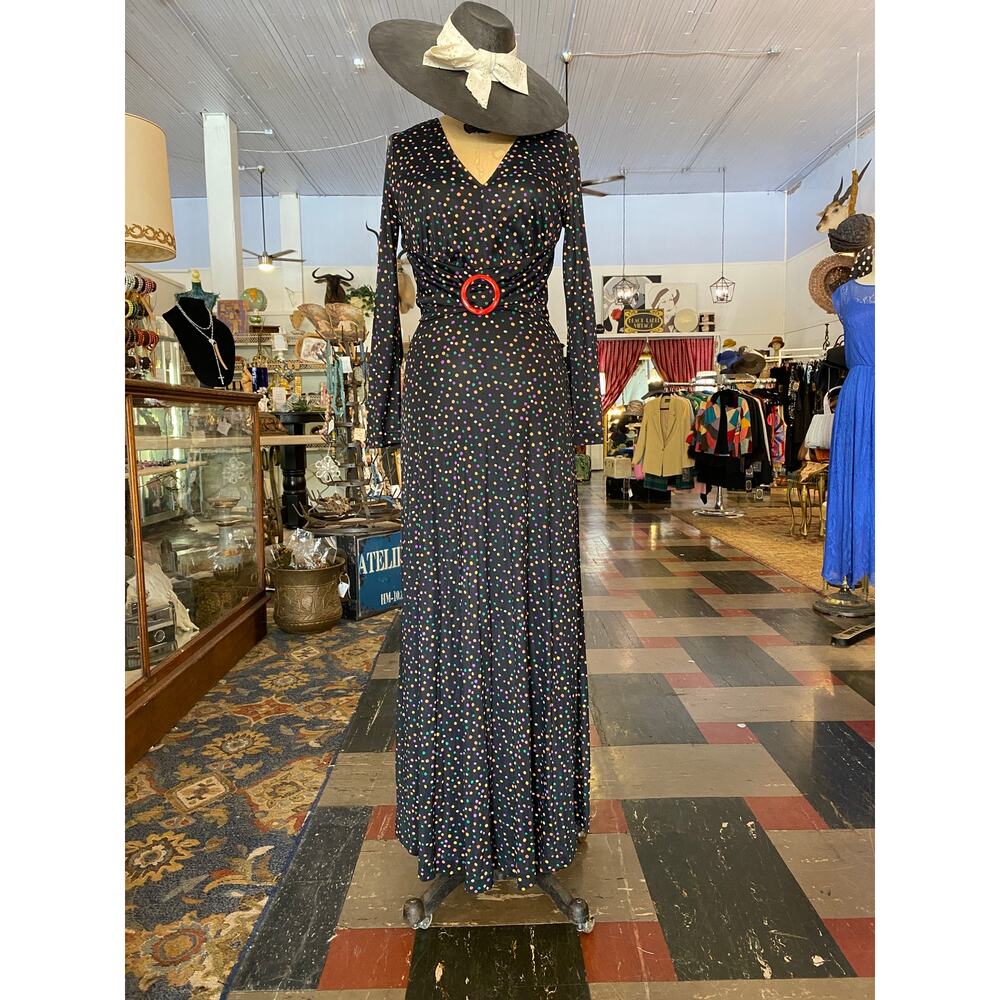 1970s maxi dress, rainbow polka dots, betty lou, 70s does 30s, 1930s style dress